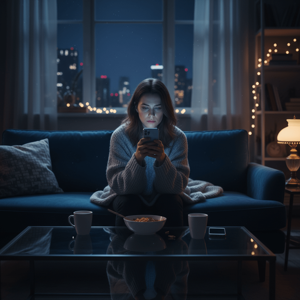 A woman sits on a couch at night, looking at her illuminated smartphone screen.