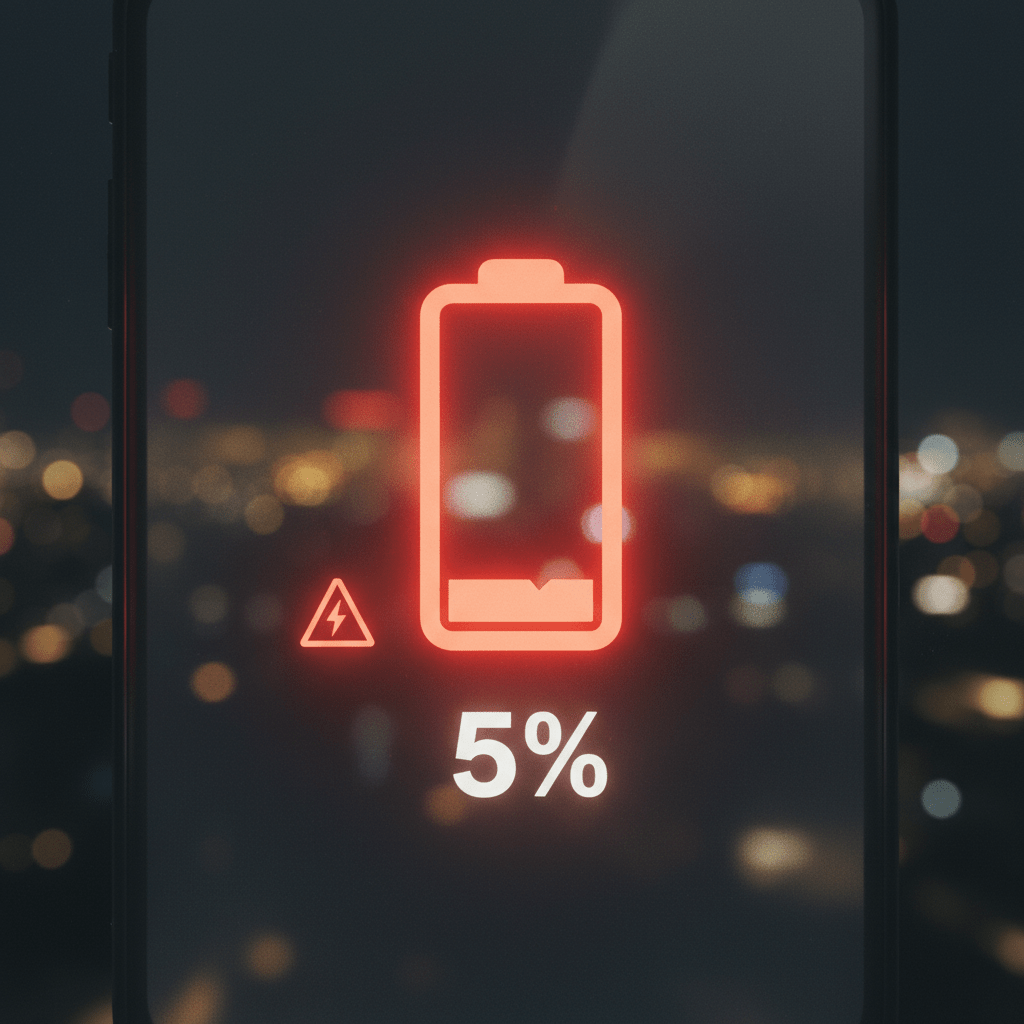 Glowing red low battery icon showing 5% remaining on a dark phone screen.