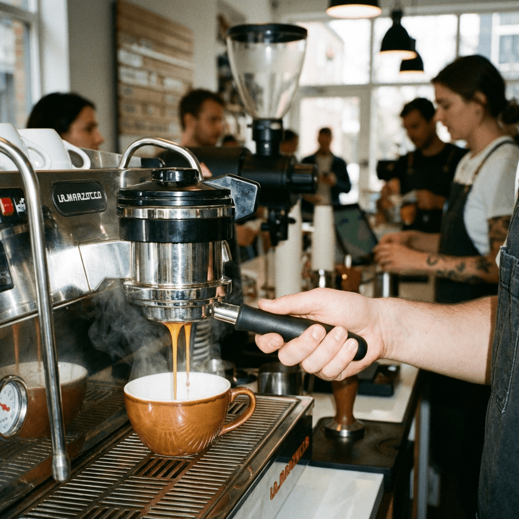 Barista extracting espresso from a professional machine into a brown ceramic cup in a cafe.