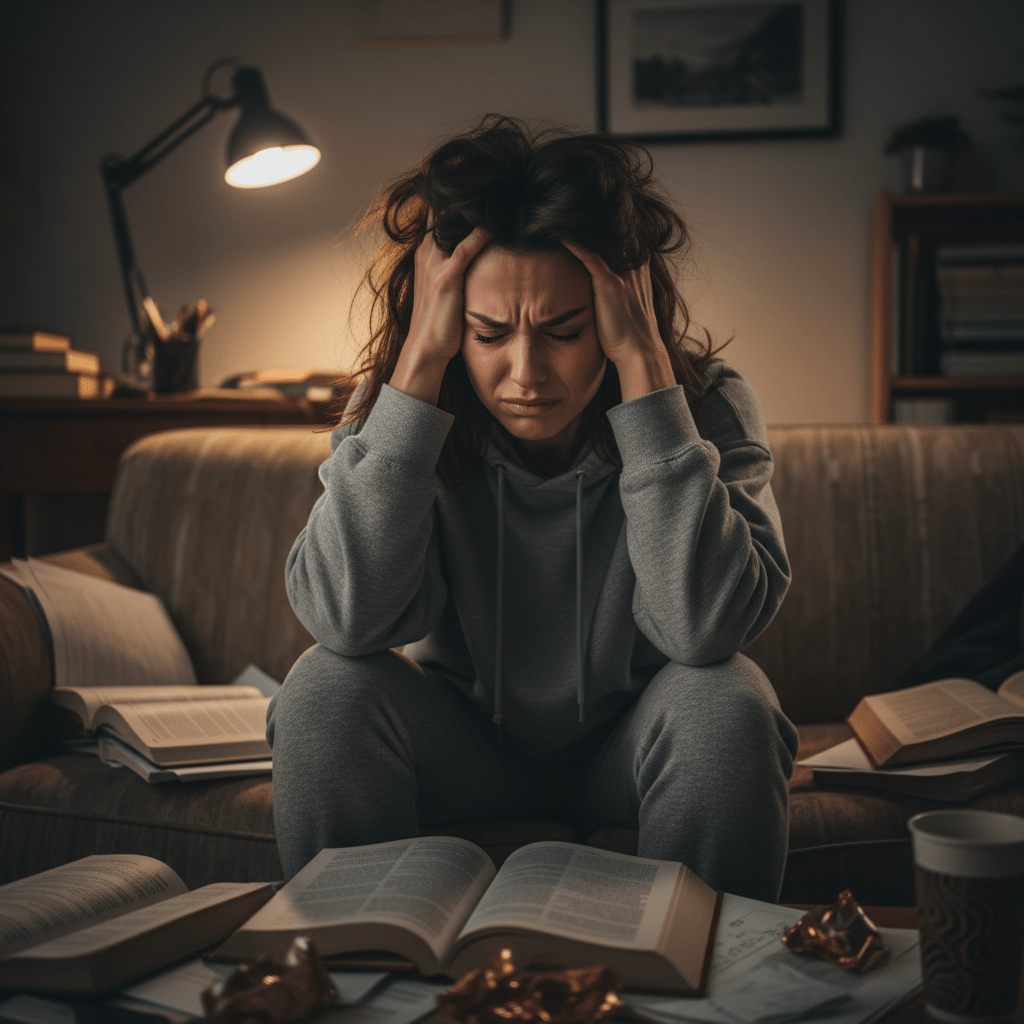 Stressed woman sitting on a couch surrounded by open books and papers at night.