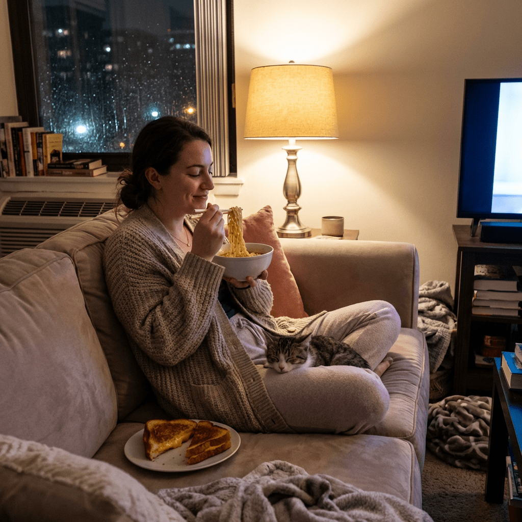 A woman eating noodles on a couch with a cat sleeping on her lap.