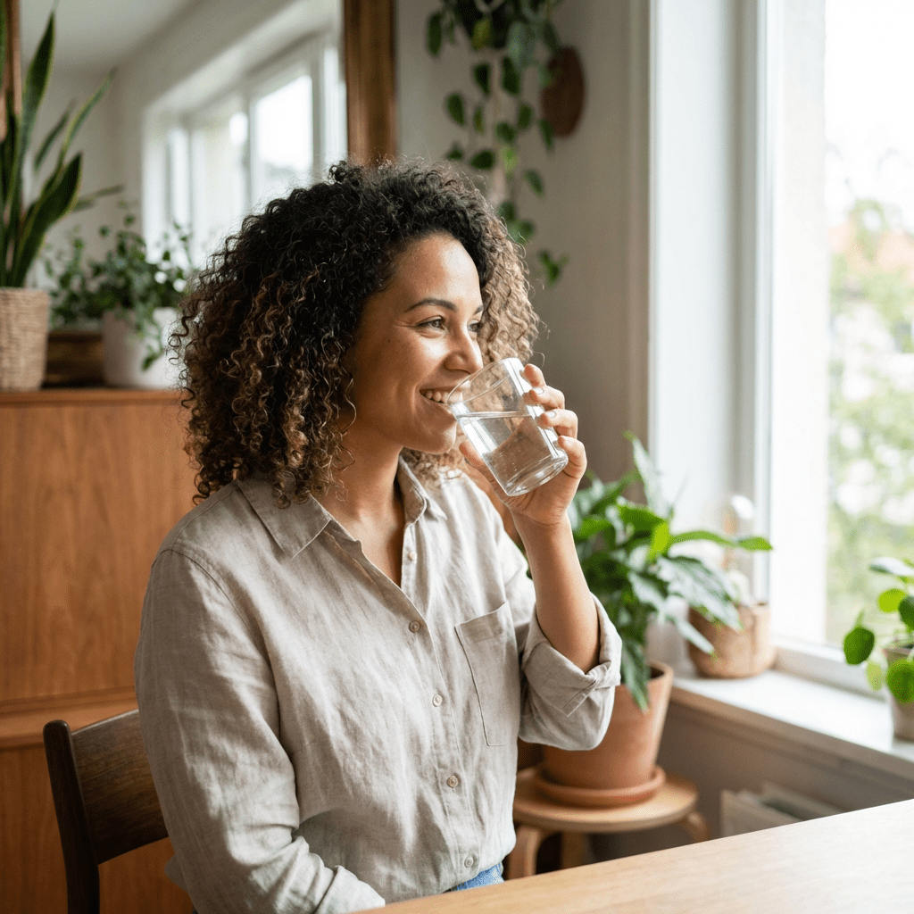 A woman with curly hair smiles while drinking water from a glass near a window.