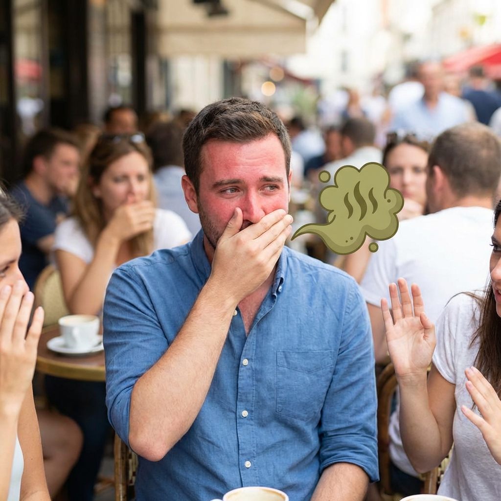 Man at a crowded cafe covers his nose beside a cartoon green stink cloud.