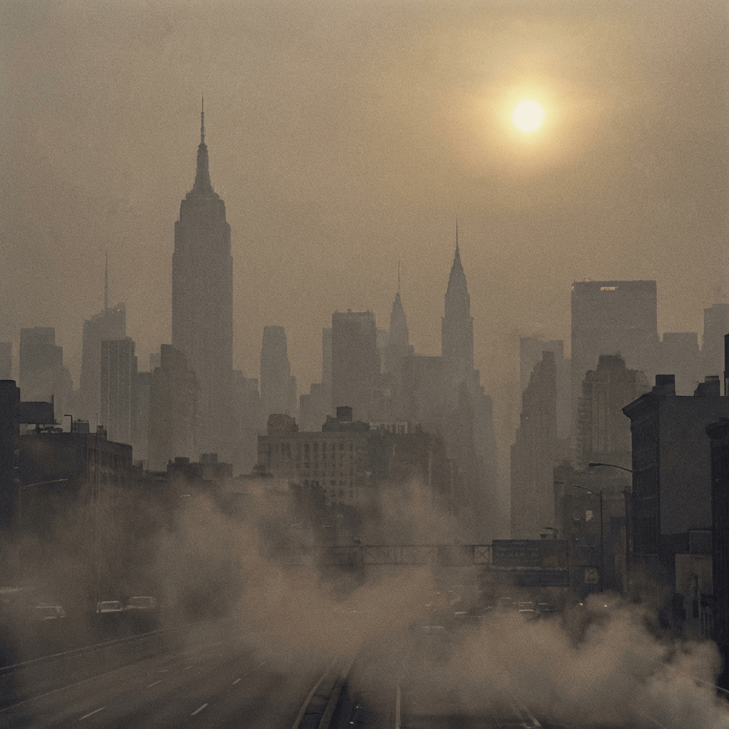 New York City skyscrapers shrouded in thick smog with steam rising from a highway.