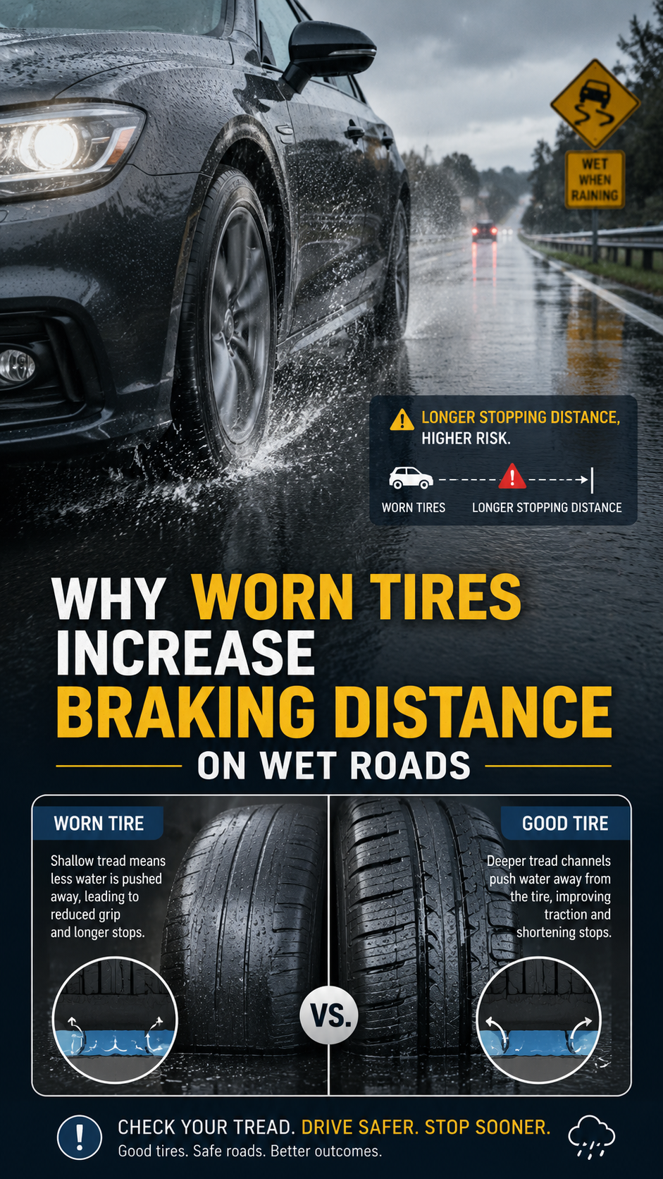 Why Worn Tires Increase Braking Distance on Wet Roads