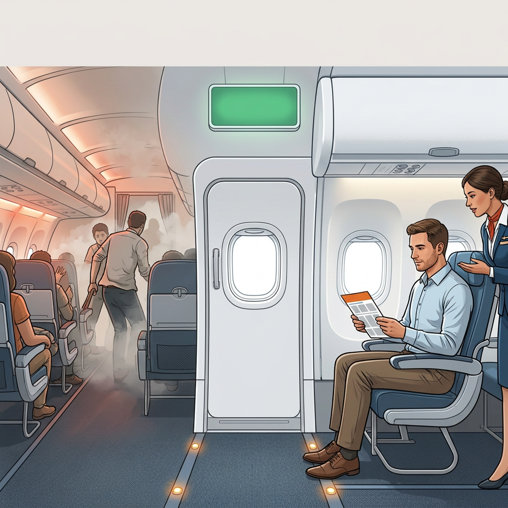 Infographic listing exit-row safety risks and preparation steps on an airplane