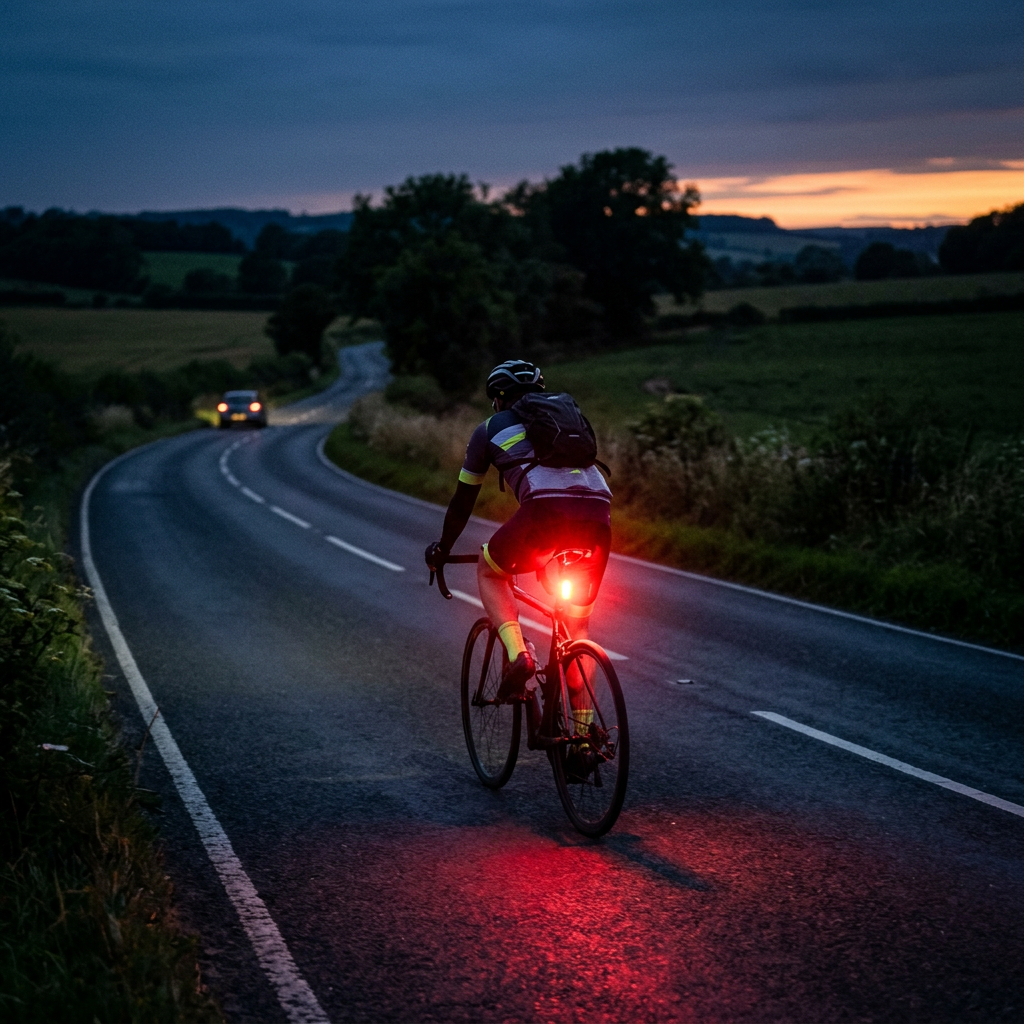 Cyclist with a bright red rear light riding along a rural road at dusk